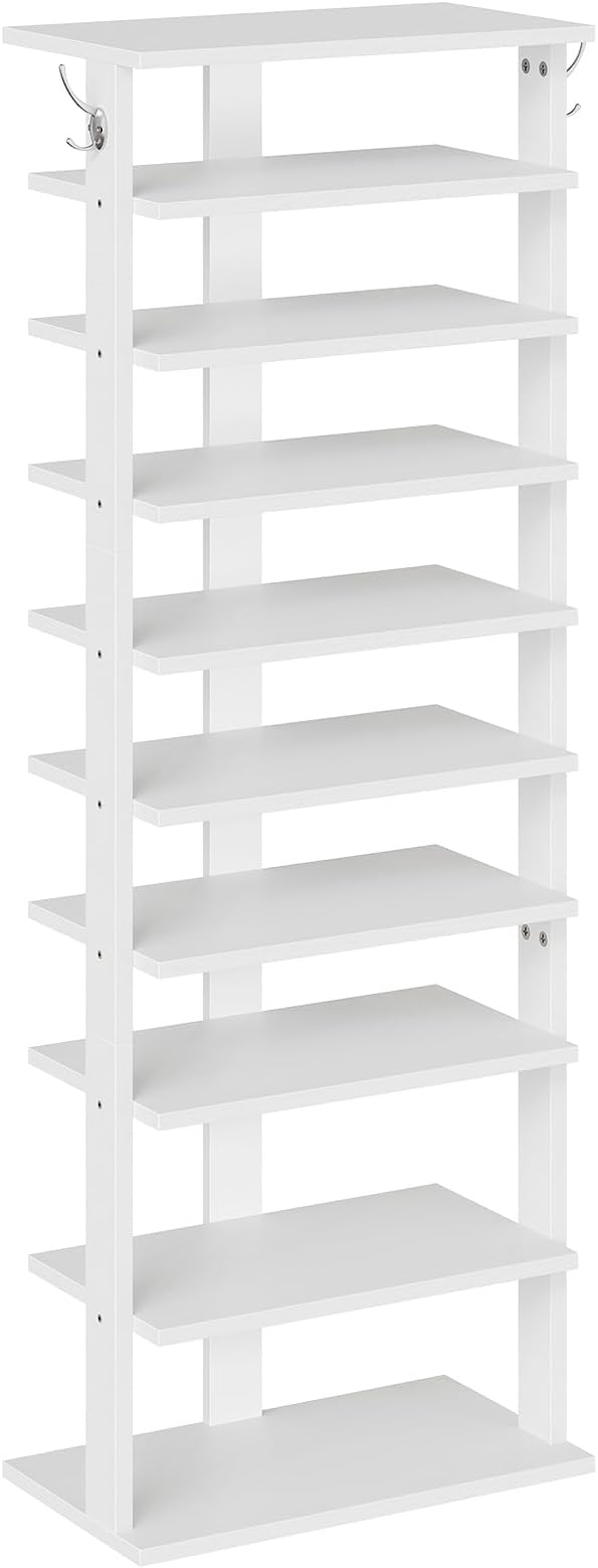 HOOBRO 10 Tiers Vertical Shoe Rack, Wooden Shoe Storage Organizer with Hooks, Narrow Shoe Tower for 20 Pairs, Space Saving, for Entryway, Living Room, Bedroom, White WT140XJ01