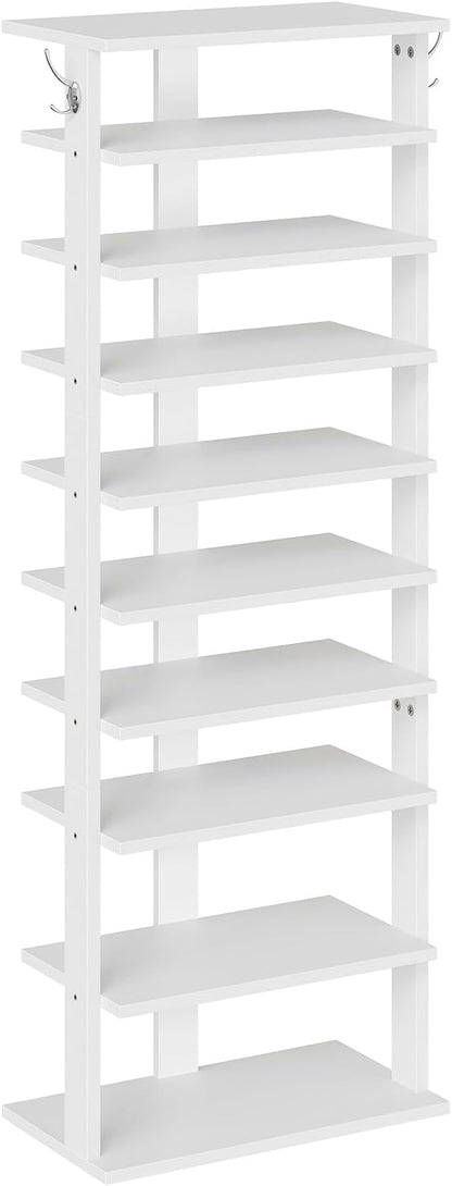 HOOBRO 10 Tiers Vertical Shoe Rack, Wooden Shoe Storage Organizer with Hooks, Narrow Shoe Tower for 20 Pairs, Space Saving, for Entryway, Living Room, Bedroom, White WT140XJ01