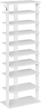 HOOBRO 10 Tiers Vertical Shoe Rack, Wooden Shoe Storage Organizer with Hooks, Narrow Shoe Tower for 20 Pairs, Space Saving, for Entryway, Living Room, Bedroom, White WT140XJ01