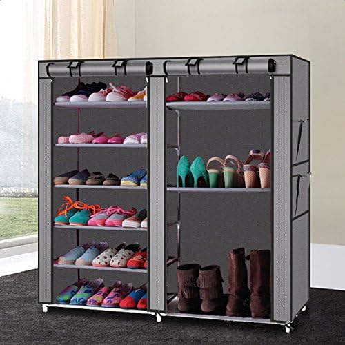 lapday 27-Pairs Portable Boot Rack, Double Row Shoe Rack Covered with Nonwoven Fabric,Space Saving Closet Shoe Cabinet Tower (Gray)