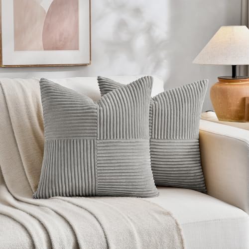 Fancy Homi 2 Packs Grey Decorative Throw Pillow Covers 18x18 Inch for Living Room Couch Bed Sofa, Rustic Farmhouse Boho Home Decor, Soft Corss Corduroy Patchwork Textured Square Cushion Case 45x45 cm - Image 5