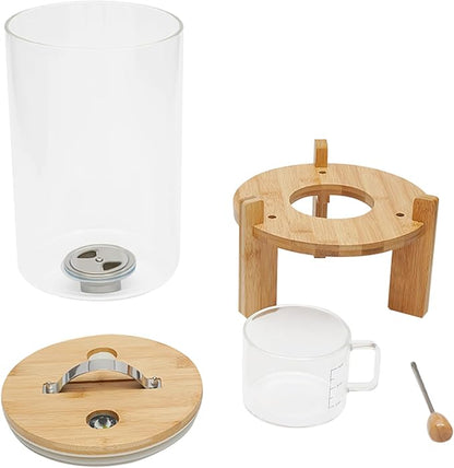 Rice Dispenser, Rice Storage Container, Glass Dry Food Storage Container with Bamboo Lid & Bottom Dispenser Valve, Kitchen Pantry Organizer for Rice, Cereal, Pet Food, Includes Measuring Cup (7.5L)