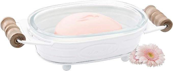 Autumn Alley White Farmhouse Soap Dish for Bathroom – Fun Kitchen Soap Tray – Farmhouse Bathroom Accessories – Rustic Soap Dish – Wooden Handles Add Vintage Appeal – Cute Bathtub Decor