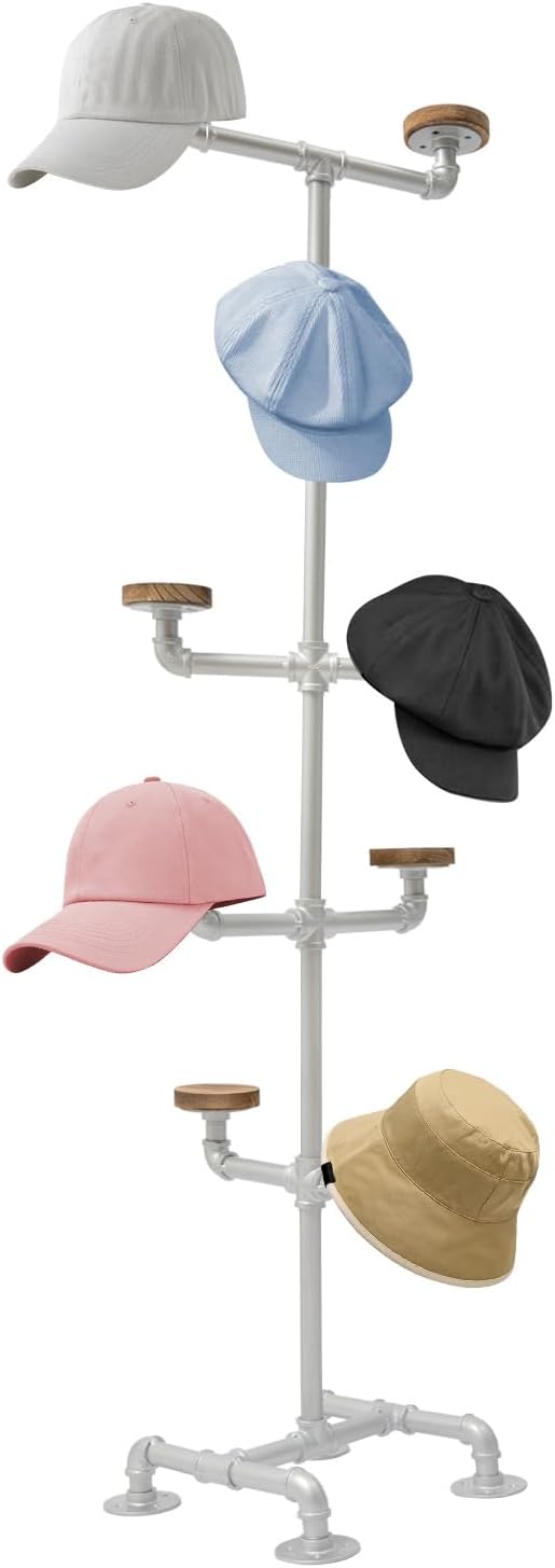 LOYALHEARTDY Industrial Hat Rack Stand, 5 Tier 10 Round Hat Hangers Hat Display Stand Freestanding Hat Organizer Rack Display Stand for Wig, Cap, Baseball Hat (Sliver)