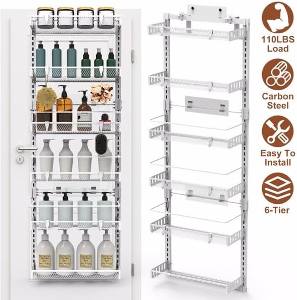 6-Tier Over the Door Organizer, Heavy Duty Metal Pantry Door Rack, Hanging Storage Shelf for Kitchen, Over The Door Spice Rack & Pantry Organizer, 6-Shelf Metal Hanging Storage (White)