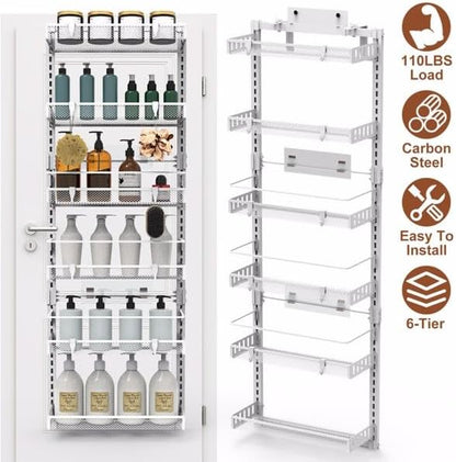 6-Tier Over the Door Organizer, Heavy Duty Metal Pantry Door Rack, Hanging Storage Shelf for Kitchen, Over The Door Spice Rack & Pantry Organizer, 6-Shelf Metal Hanging Storage (White)