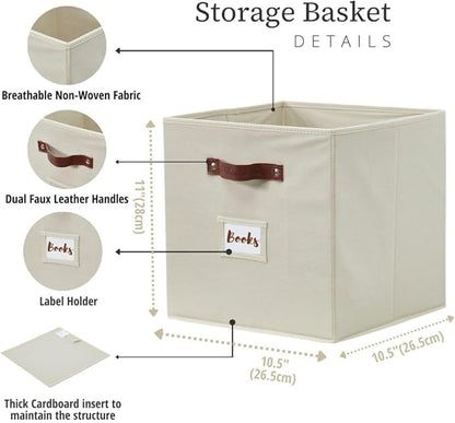 DECOMOMO Storage Bins, Cube Storage Bin with Labels, Fabric Storage Cubes for Shelves (10.5" x 11" / 6pcs, Beige)