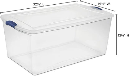Extra Large Latching Storage Bin with Clear Lid, 105 Quart Clear Plastic Storage Container, Secure Blue Latches for Home, Garage, and Toy Organization