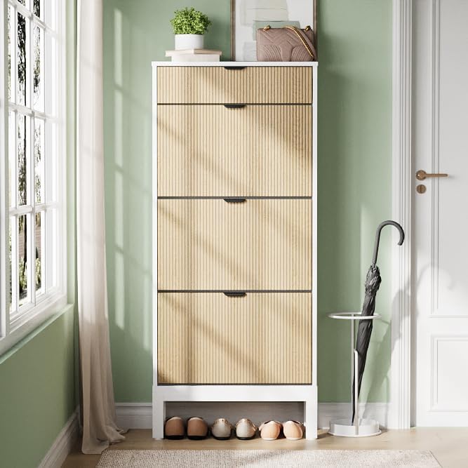 IDEALHOUSE Shoe Storage Cabinet with 3 Flip Drawers, Farmhouse Fluted Shoe Organizer with Metal Legs, Freestanding Hidden Slim Narrow Shoe Rack for Entryway, Foyer, Hallway
