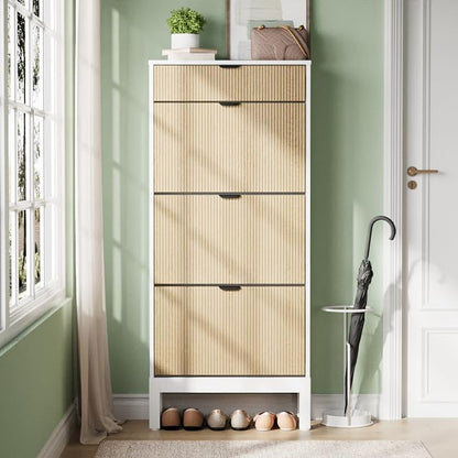 IDEALHOUSE Shoe Storage Cabinet with 3 Flip Drawers, Farmhouse Fluted Shoe Organizer with Metal Legs, Freestanding Hidden Slim Narrow Shoe Rack for Entryway, Foyer, Hallway