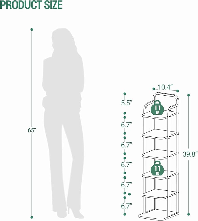Hzuaneri 6 Tiers Vertical Shoe Rack, Narrow Shoe Tower, Tall Shoes Shelf with 2 Hooks, Adjustable Shelves, Corner Shoes Shelves for Small Spaces, Entryway, Living Room, Rustic Brown SR04201B