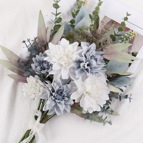 2 Pcs Fake Artificial Flowers Bouquet for Decoration, Silk Flower Arrangements Faux Flowers Plant Wedding Bride Bouquets Tables Centerpieces for Home Decor Indoor Vase Floral Table Decor (Blue White) - Image 5
