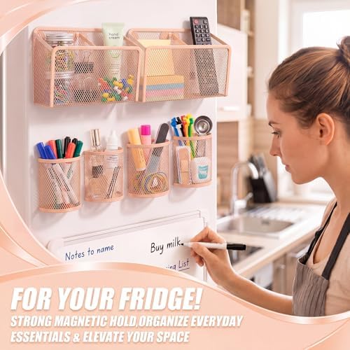 Marspark 6 Pcs Magnetic Locker Accessories Peach Magnetic Pen Holder with Strong Magnets Mesh Metal Marker Storage Basket Organizer for Locker Whiteboard Refrigerator Fridge School Office Dorm - Image 4