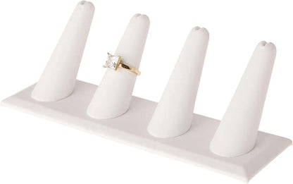 Plymor White Faux Leather Ring Finger Display, Four on Rectangular Base, 6" W x 2.125" D x 2.5" H (Pack of 12)