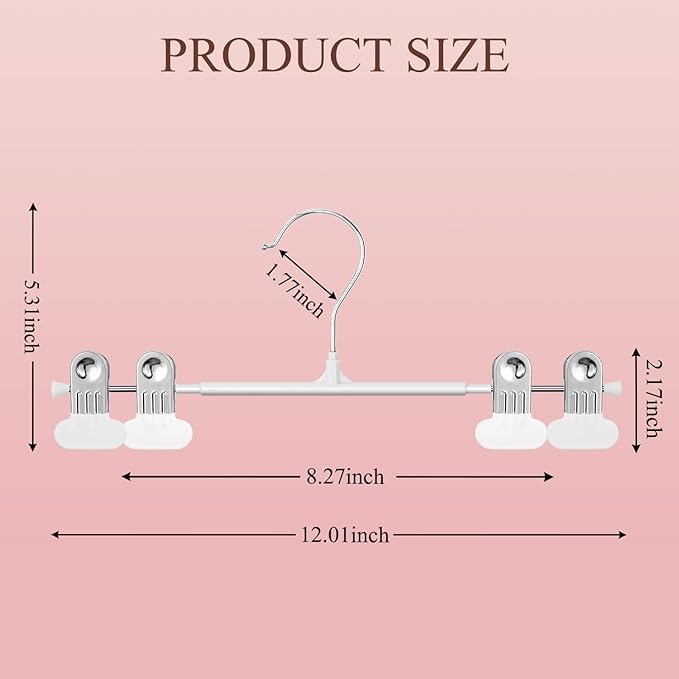 Clothes Pants Hangers with Wide Clips 10 Pack,Non-Slip Adjustable Skirt Hanger for Women,Space-Saving Heavy Duty Men Hangers for Pants,Trousers,Jeans,Shorts 12Inch White