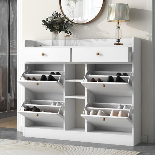 FridayParts Modern Shoe Cabinet with 4 Flip Drawers, Multifunctional 2-Tier Shoe Storage Organizer with Drawers, Free Standing Shoe Rack for Entrance Hallway, White