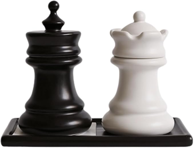 King and Queen Chess Piece Qtip Holder Bathroom Set with Mini Chessboard Base, Novelty Ceramic Storage Containers for Toothpicks, Cotton Swabs, Floss - Elegant Desk Decor, Unique Gift for Chess Lovers