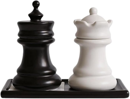 King and Queen Chess Piece Qtip Holder Bathroom Set with Mini Chessboard Base, Novelty Ceramic Storage Containers for Toothpicks, Cotton Swabs, Floss - Elegant Desk Decor, Unique Gift for Chess Lovers