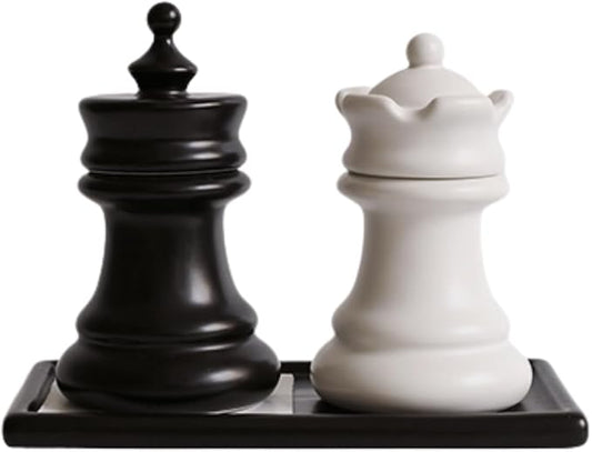 King and Queen Chess Piece Qtip Holder Bathroom Set with Mini Chessboard Base, Novelty Ceramic Storage Containers for Toothpicks, Cotton Swabs, Floss - Elegant Desk Decor, Unique Gift for Chess Lovers