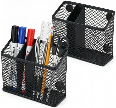 Neudeco Magnetic Pen Holder, Black, 2 Pack, 3-Compartment Metal Mesh by Neudeco