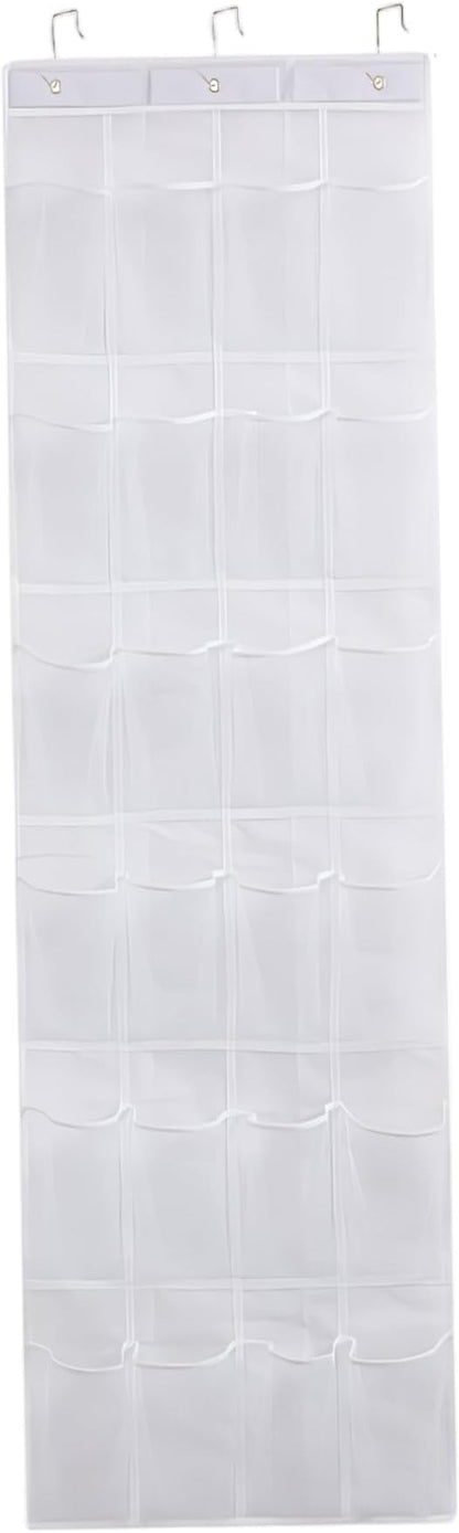 Hanging Shoe Organizer, Shoe Hanger for Door 24 Mesh Pocket Over The Door Organizer Space Saving Hanging Storage Holder with Hooks 64x19 Inch White