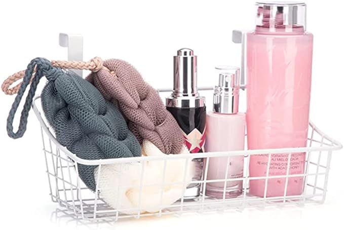 Basket with Hook Grid Storage Basket, Hang It Behind a Door or on a Railing, Over The Cabinet Door, White