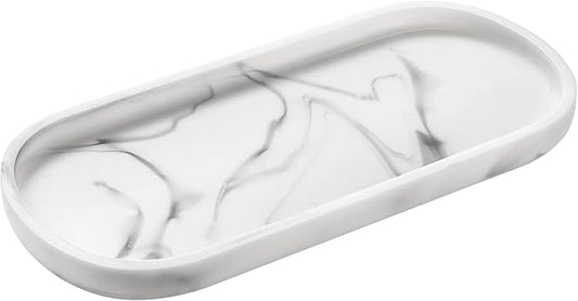 Emibele Oval Vanity Tray, 10" Bathroom Countertop Organizer Tray, Kitchen Sink Sponge Holder Soap Dispenser Resin Marble Tray for Perfume Jewelry Candle, Small, White Marble