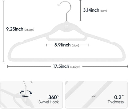 Velvet Hangers 50 Pack, Non Slip Stackable Clothes Hangers with Cascading Hooks, Ultra Thin and Space Saving Felt Hangers with Tie Bar, 360° Swivel Hooks, Heavy Duty for Suit Coat Shirt Pant- White