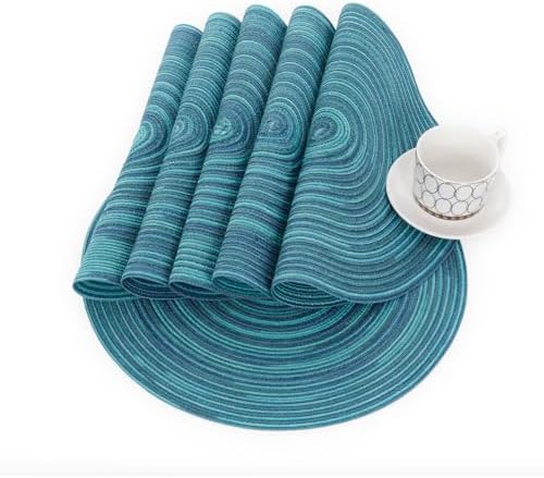 SHACOS 15 inch Round Placemats Set of 4 Variegated Multicolor Place Mats Cotton Polyester Braided Non Slip Washable Heat Resistant Table Mats for Home Wedding Dinner Party Table Decor, Rainbow Teal - Image 6