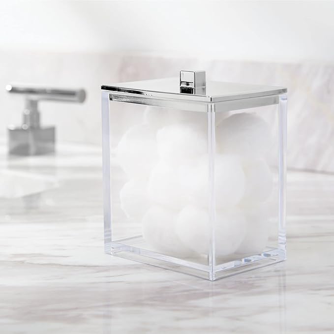 mDesign Plastic Rectangle Apothecary Canister - Organizer for Bathroom Vanity Countertop Shelf Decor - Holds Cotton Swabs, Soap, Makeup, Bath Salts - 2 Pack- Lumiere Collection - Clear/Chrome