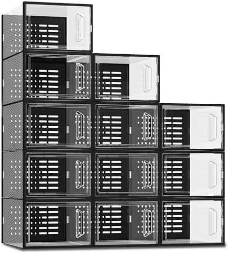 SEE SPRING Shoe Storage Boxes, White Plastic Stackable Shoe Organizer for Closet, Shoe Rack & Holder Sneaker Container, 12 Pack Black by SEESPRING