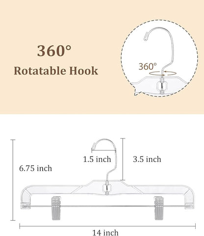 AMKUFO Pants-Hangers-with-Clips-15-Pack, 14 Inch Clear-Plastic-Skirts-Hangers-with-Adjustable-Clips for Shorts Jeans Trousers, Clothes-Hangers Non-Slip Clip-Hangers