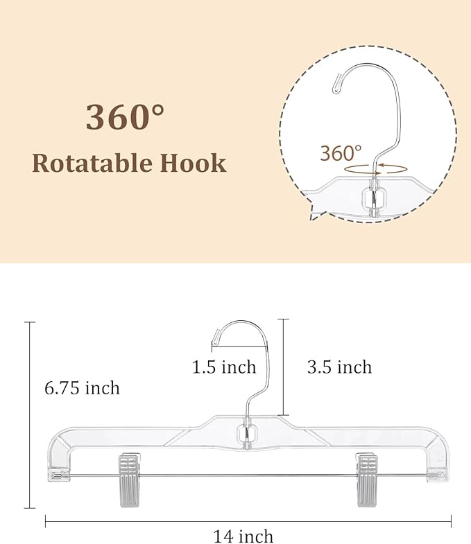 AMKUFO Pants-Hangers-with-Clips-30-Pack, 14 Inch Clear-Plastic-Skirts-Hangers-with-Adjustable-Clips for Shorts Jeans Trousers, Clothes-Hangers Non-Slip Clip-Hangers