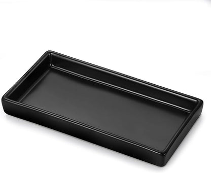Luxspire Bathroom Vanity Tray, Mini Soap Dispenser, Small Ceramic Perfume and Jewelry Dish, Trinket Holder, Rectangle Candle Tray, Bath Organizer Kitchen Sink Narrow Soap Dish, Black