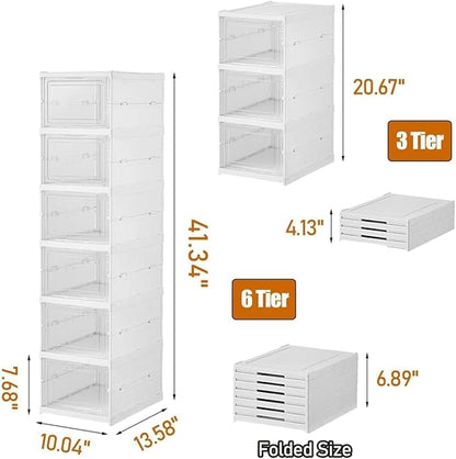 GUDEMAY Drop Front Shoe Storage Box, No Assembly Stackable Shoe Organizer Storage Bin with Clear Door, Free Standing Shoe Shelf Cabinet with Lid, Plastic Shoe Rack for Closet Entryway, 6-Tier