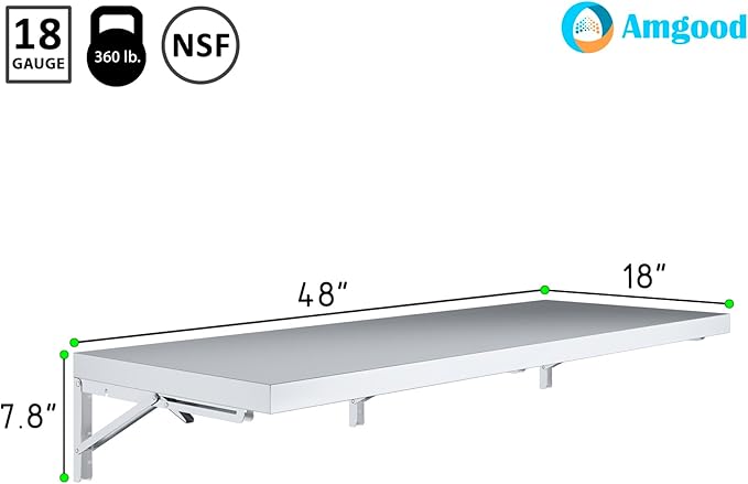 AmGood Stainless Steel Folding Wall Shelf 18 in. x 48 in. | NSF | Concession Stand, Food Truck, Kitchen, Restaurant, Garage, Laundry, Utility Room