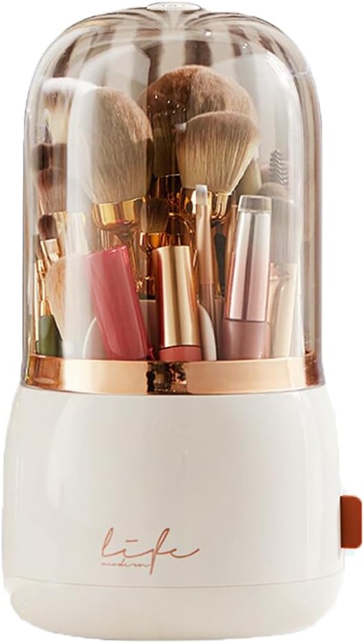 Upgrade Makeup Brush Holder Organizer with Lid, Automatic Lifting Dustproof Makeup Brushes Organizer with 4 Compartments for Vanity，Cosmetic Storage for Dresser Countertop (White transparent)