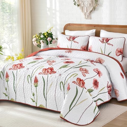 WONGS BEDDING Red Quilt Queen Size, Floral Boho Summer Bedspread - Image 2