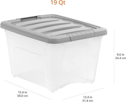 Amazon Basics Plastic Storage Containers with Secure Latching Lids, Stackable Organization Bins, Clear/Grey, 19 Quart, Set of 6