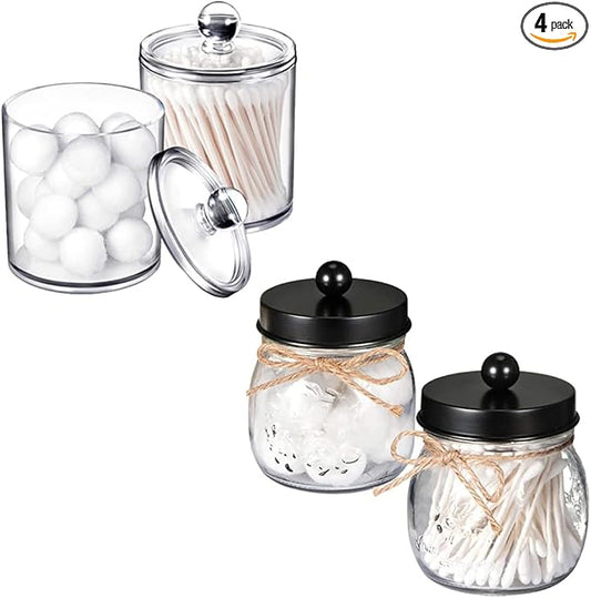 Farmhouse Decor Apothecary Jar Set,Mason Jar Bathroom Vanity Storage Organizer Canister-Qtip Holder Plastic Acrylic Jar for Cotton Swabs,Cotton Pads,Floss Picks,Paper Clips,Hair Clips(4 Pack)