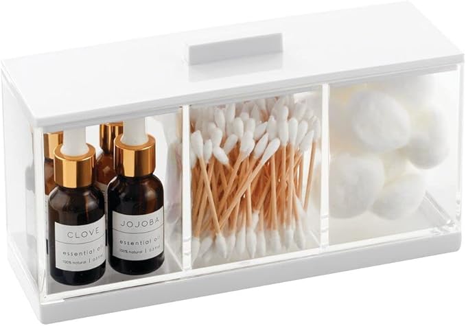 mDesign Cosmetic Divided Organizer Storage Canister Box with 3 Sections and Lid for Bathroom Vanity Countertop - Holder for Cotton Swabs, Perfume, Lipstick - Lumiere Collection - Clear/White