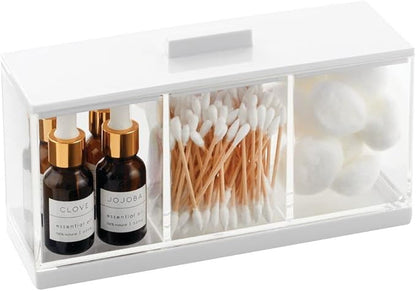 mDesign Cosmetic Divided Organizer Storage Canister Box with 3 Sections and Lid for Bathroom Vanity Countertop - Holder for Cotton Swabs, Perfume, Lipstick - Lumiere Collection - Clear/White