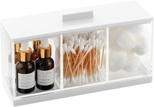 mDesign Cosmetic Divided Organizer Storage Canister Box with 3 Sections and Lid for Bathroom Vanity Countertop - Holder for Cotton Swabs, Perfume, Lipstick - Lumiere Collection - Clear/White