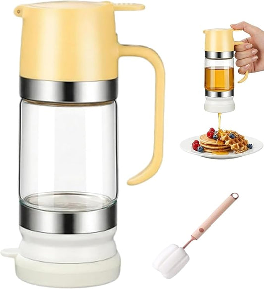 2026 New Dispensador De Leche Condensada, Glass Honey Dispenser with Base No Drip, Maple Syrup Dispenser for Coffee, Tea, Breakfast & Baking (Yellow)