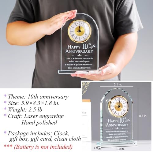 YWHL 10 Year Wedding Anniversary Clock Gifts for Couples, Laser Engraved 10th Anniversary Glass Keepsake for Him Her, 10 Year Wedding Gifts for Wife Husband (Battery not Included - Image 3
