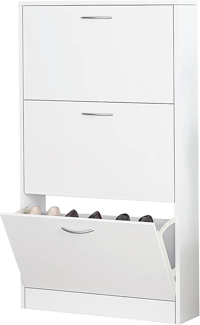 White Free Standing Shoe Cabinet, Entryway Narrow 3-Tier Shoe Storage Organizer with Flip Drawers