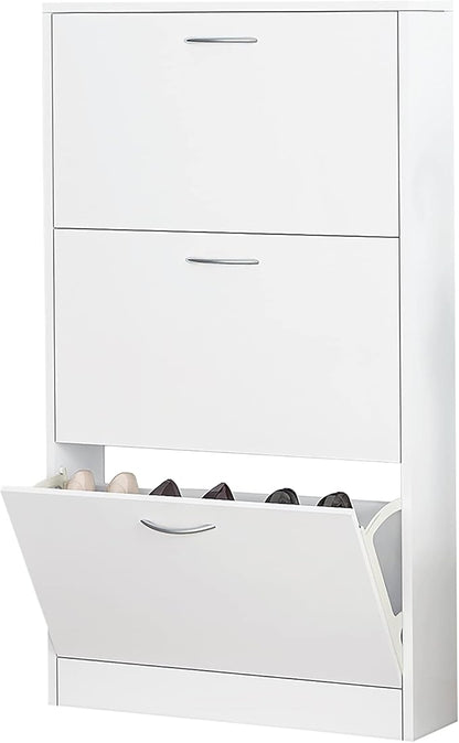White Free Standing Shoe Cabinet, Entryway Narrow 3-Tier Shoe Storage Organizer with Flip Drawers