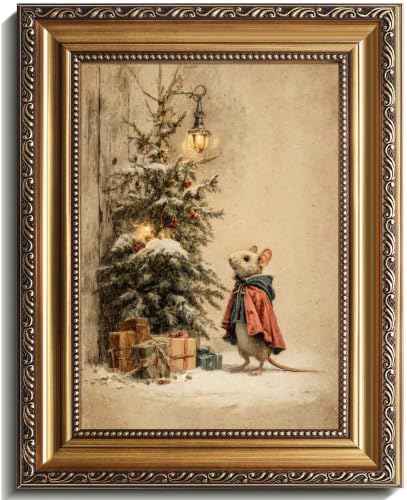 Vintage Christmas Mouse Canvas Wall Art Print, Cottagecore Farmhouse Xmas Wall Decor, Retro Rustic Winter Holiday Art Print, Aesthetic Cute Mouse Decor for Nursery Bedroom, 8" x 10" UNFRAMED by Home