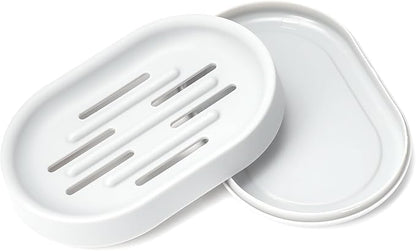 Topsky 2 Pack Soap Dish for Shower, Sink, Bathtub, Oval Plastic White Soap Bar Holder with Drain, Easy to Clean, Durable