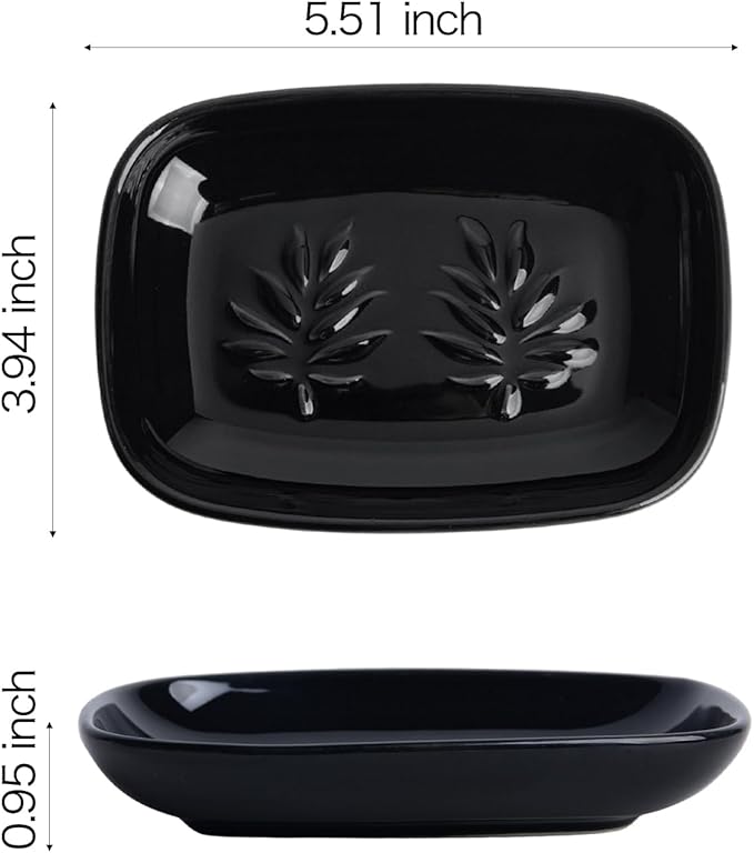 Ceramic Soap Dish for Bathroom and Kitchen, Non-Slip Bar Soap Holder with Fast Drain Design, Soap Saver Tray for Sink, Black